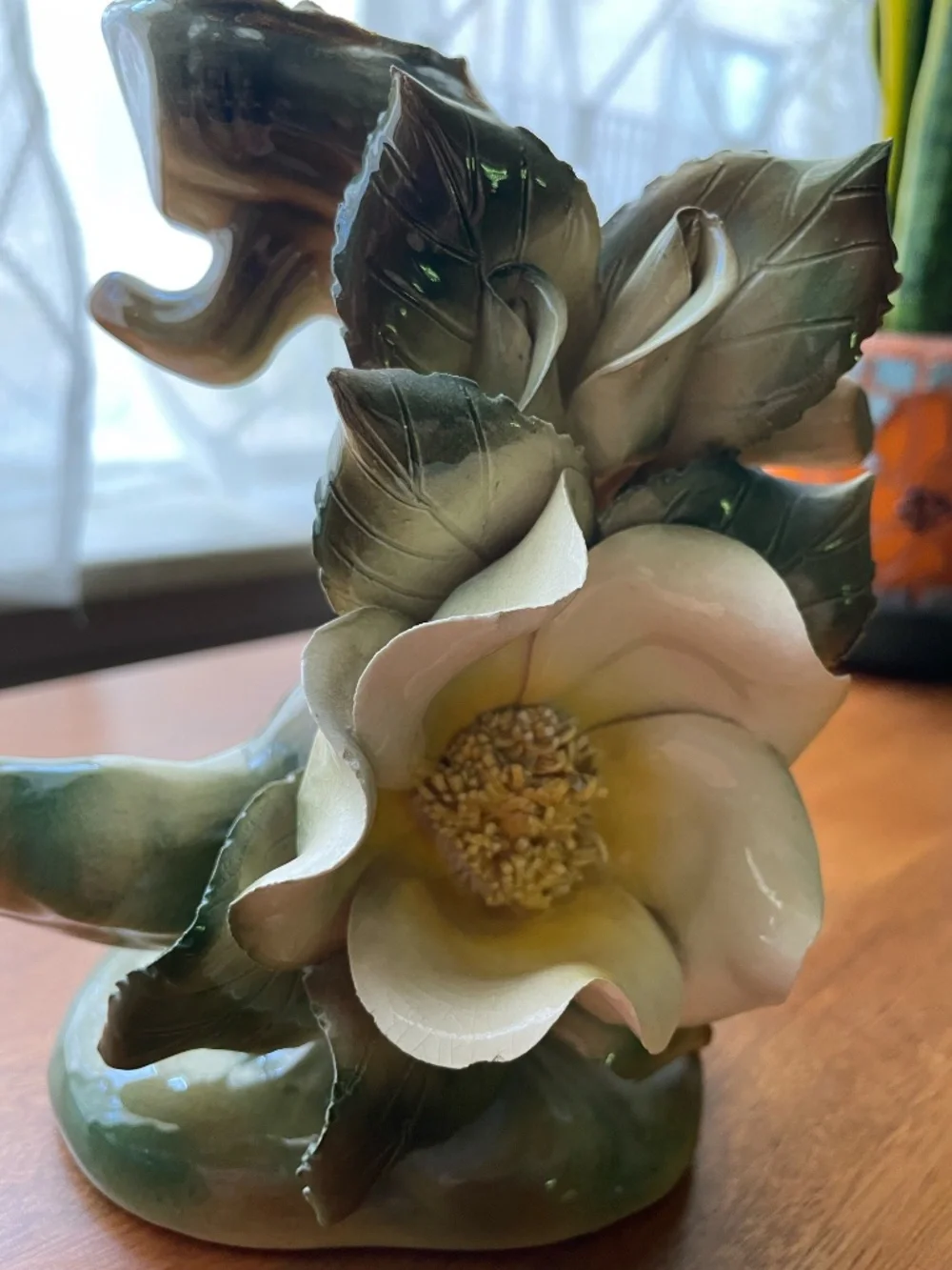 Wm Maddux California Pottery Pink Cockatoo on Stump with Magnolia Flower (broken